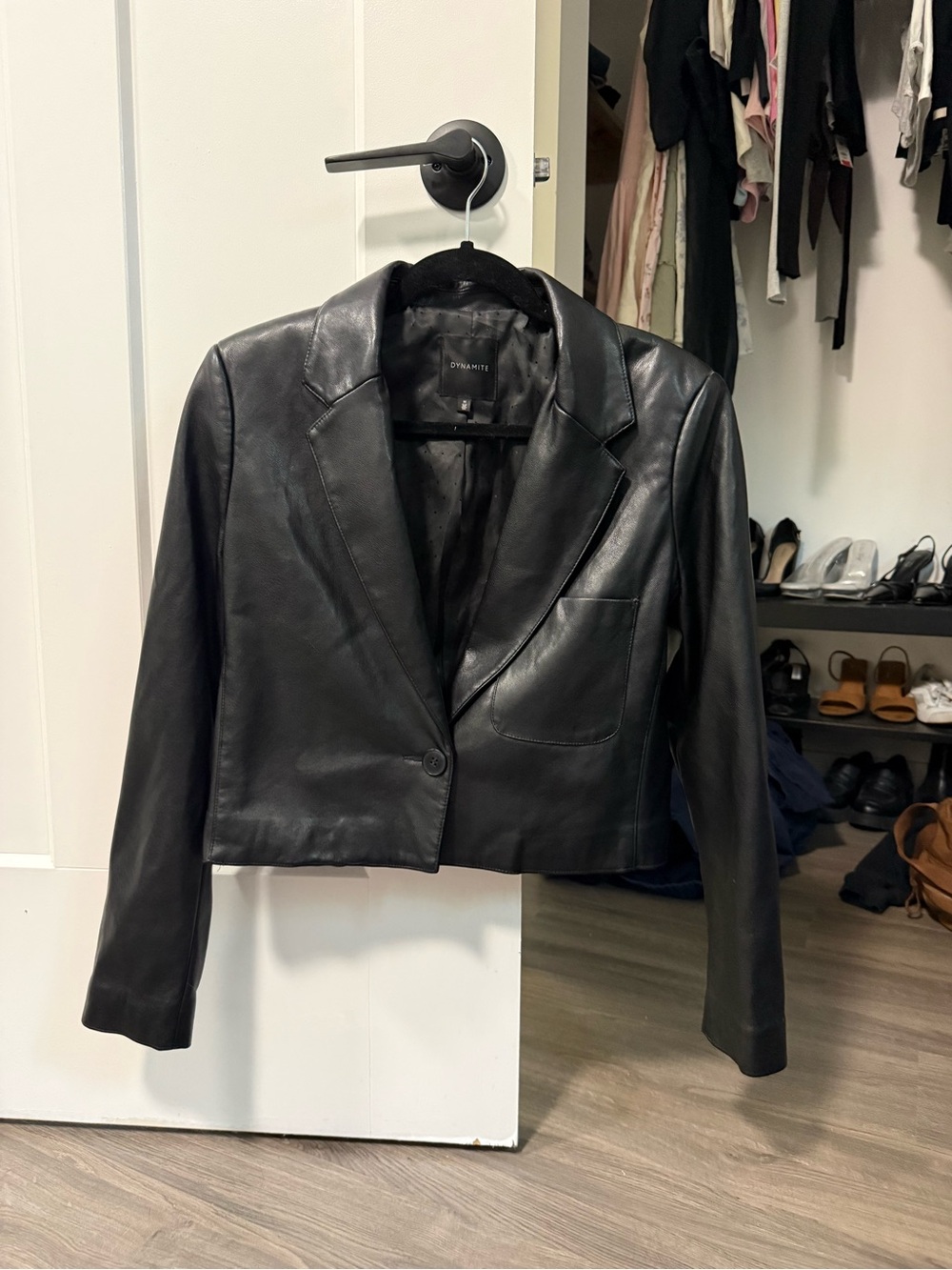 Dynamite Cropped Black Leather Blazer Jacket